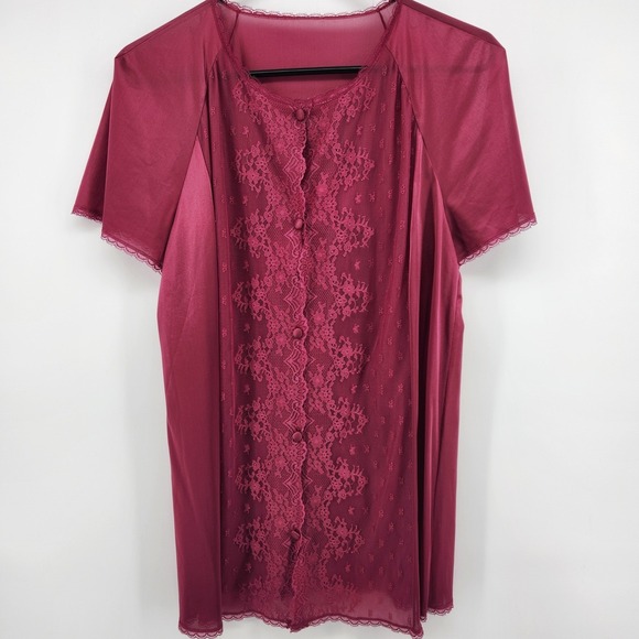 VTG Women's Burgundy Lace Trim Short Sleeve Button Down Pajama Set Classy Sexy - Picture 2 of 8